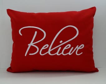 Embroidered Christmas Pillow Cover: 'Believe' Sunbrella Holiday Decor