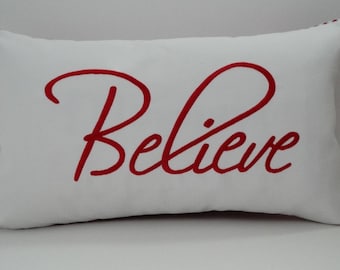 Embroidered 'Believe' Christmas Pillow Cover - Sunbrella Indoor/Outdoor
