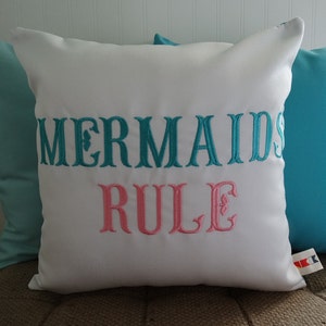 MERMAIDS RULE custom embroidered pillow cover indoor outdoor 14&quot; x 14&quot; Sunbrella natural little mermaid decor Oba Canvas Co original design