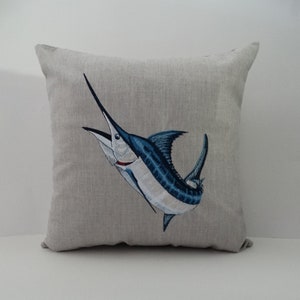 Embroidered Blue Marlin Pillow Cover: Sunbrella Coastal Decor