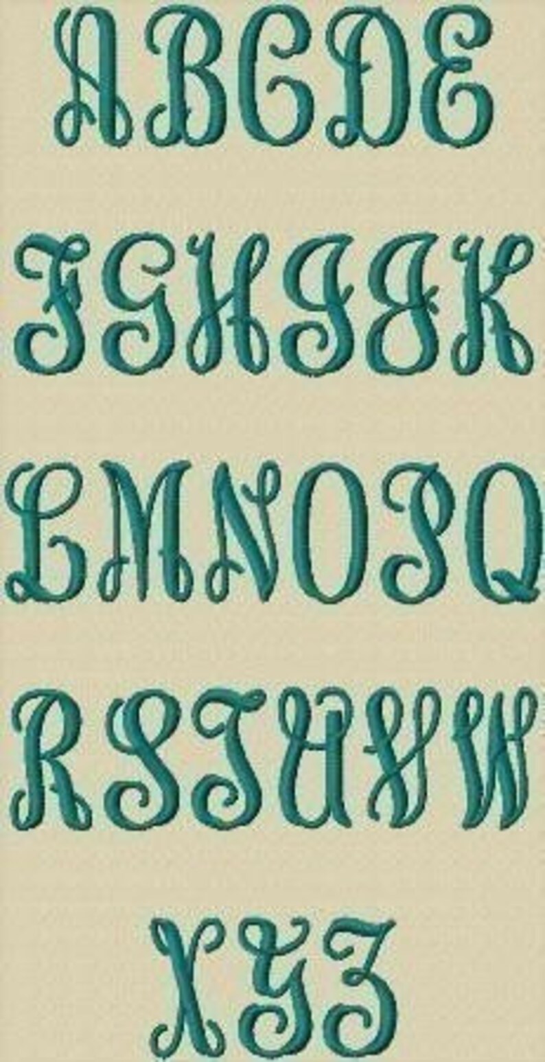 May include: A set of uppercase letters in a decorative script font, embroidered in teal blue on a beige background.