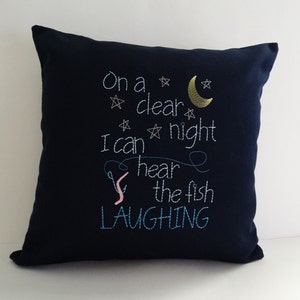 Embroidered Laughing Fish Pillow Cover: Sunbrella Navy Throw Pillow (16x16)