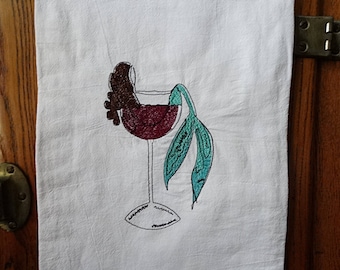 Embroidered Mermaid Wine Glass Flour Sack Towel: Beach House Decor
