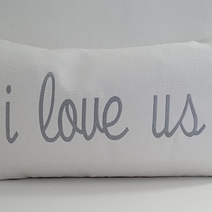 I LOVE US custom embroidered pillow cover Sunbrella linen natural 12&quot; x 20&quot; indoor outdoor sentiment anniversary wedding gift Oba Canvas Co