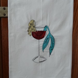 Embroidered Mermaid Wine Glass Flour Sack Towel: Beach House Decor