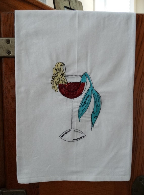 Embroidered Mermaid Wine Glass Flour Sack Towel: Beach House Decor