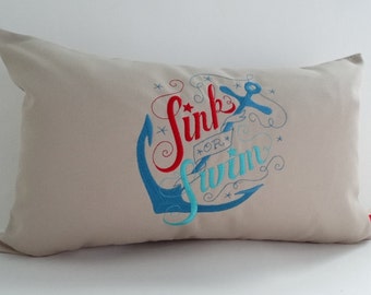 Embroidered Anchor Pillow Cover: Sunbrella Indoor Outdoor Fabric (12x20)