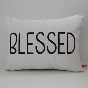 Embroidered &#39;Blessed&#39; Pillow Cover: Sunbrella Indoor Outdoor Throw