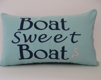 Nautical Lumbar Pillow Cover: Sunbrella Glacier, Boat Sweet Boat (12" x 20")