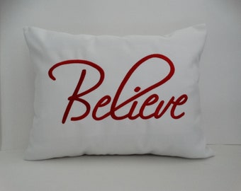 Embroidered 'Believe' Christmas Pillow Cover: Sunbrella Holiday Decor