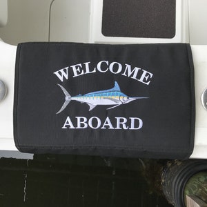 Sunbrella Custom Embroidered Blue Marlin Welcome Aboard Boarding Mat for Boat Gunwale