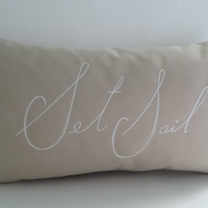 Set Sail Embroidered Pillow Cover: Sunbrella Beige Indoor Outdoor Pillow (12x20)