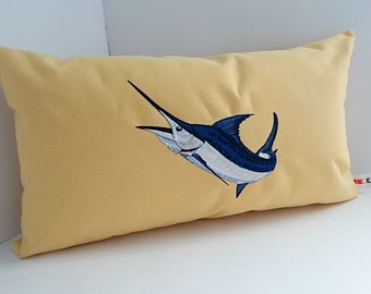 Sunbrella Blue Marlin Pillow Cover | Game Fish Pillow | Indoor Outdoor | Boat Pillow | Embroidered Fish Pillow Cover