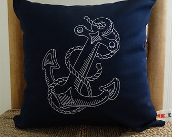 Embroidered Anchor Pillow Cover: Navy Sunbrella Indoor Outdoor Decor