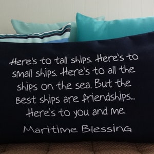 Embroidered Maritime Blessing Pillow: Navy Sunbrella Nautical Decor