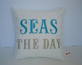 Seas The Day Pillow Cover: Sunbrella Indoor Outdoor Coastal Decor