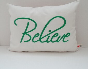 Embroidered 'Believe' Christmas Pillow Cover: Sunbrella Holiday Decor (12" x 16")