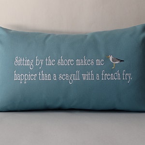 Seagull Embroidered Pillow Cover: Coastal Sunbrella Indoor Outdoor Decor