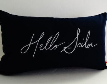 Hello Sailor Pillow Cover: Sunbrella Navy Indoor Outdoor Accent