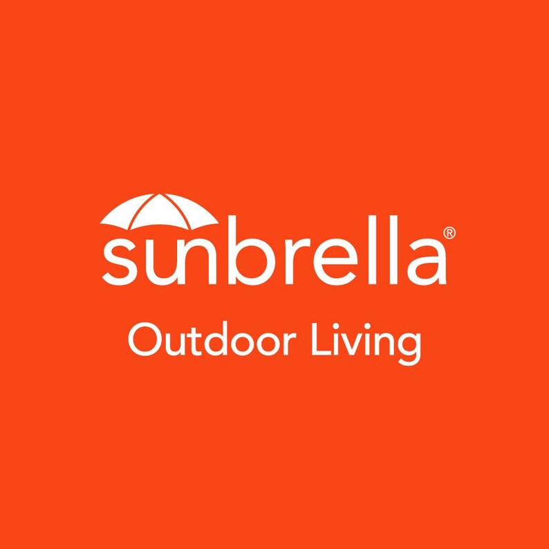 May include: White logo on an orange background. The logo features an umbrella icon and the text "sunbrella" with the registered trademark symbol. Below the logo is the text "Outdoor Living".