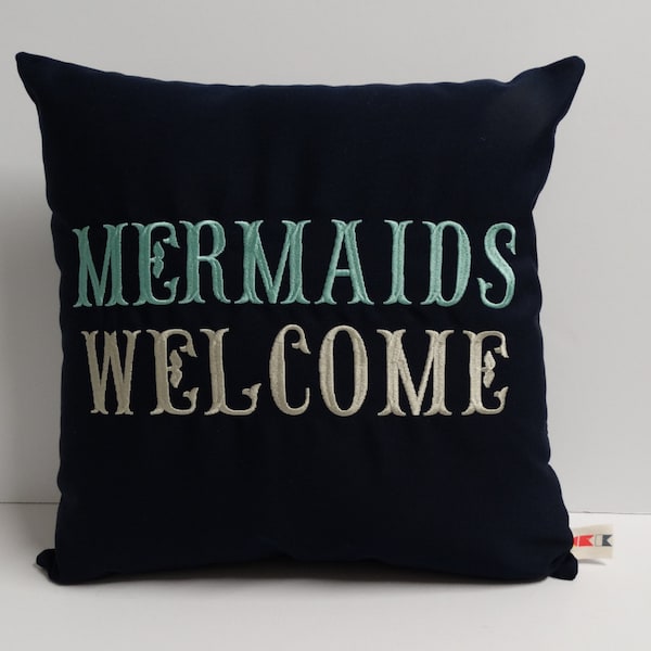 Mermaids Welcome Pillow Cover: Sunbrella Navy Coastal Decor (16x16)