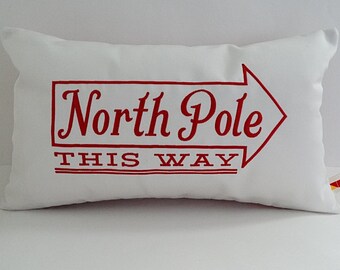 Embroidered Christmas Pillow Cover: North Pole Design, Sunbrella Fabric (12" x 20")