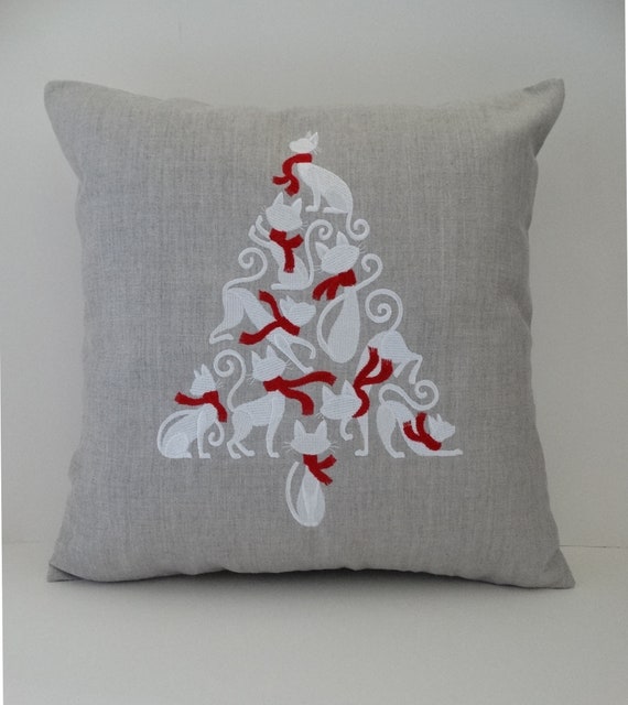Christmas Cats Pillow Cover Sunbrella Indoor Outdoor Embroidered Cat Pillow Cover Meowy Christmas Pillow Cover
