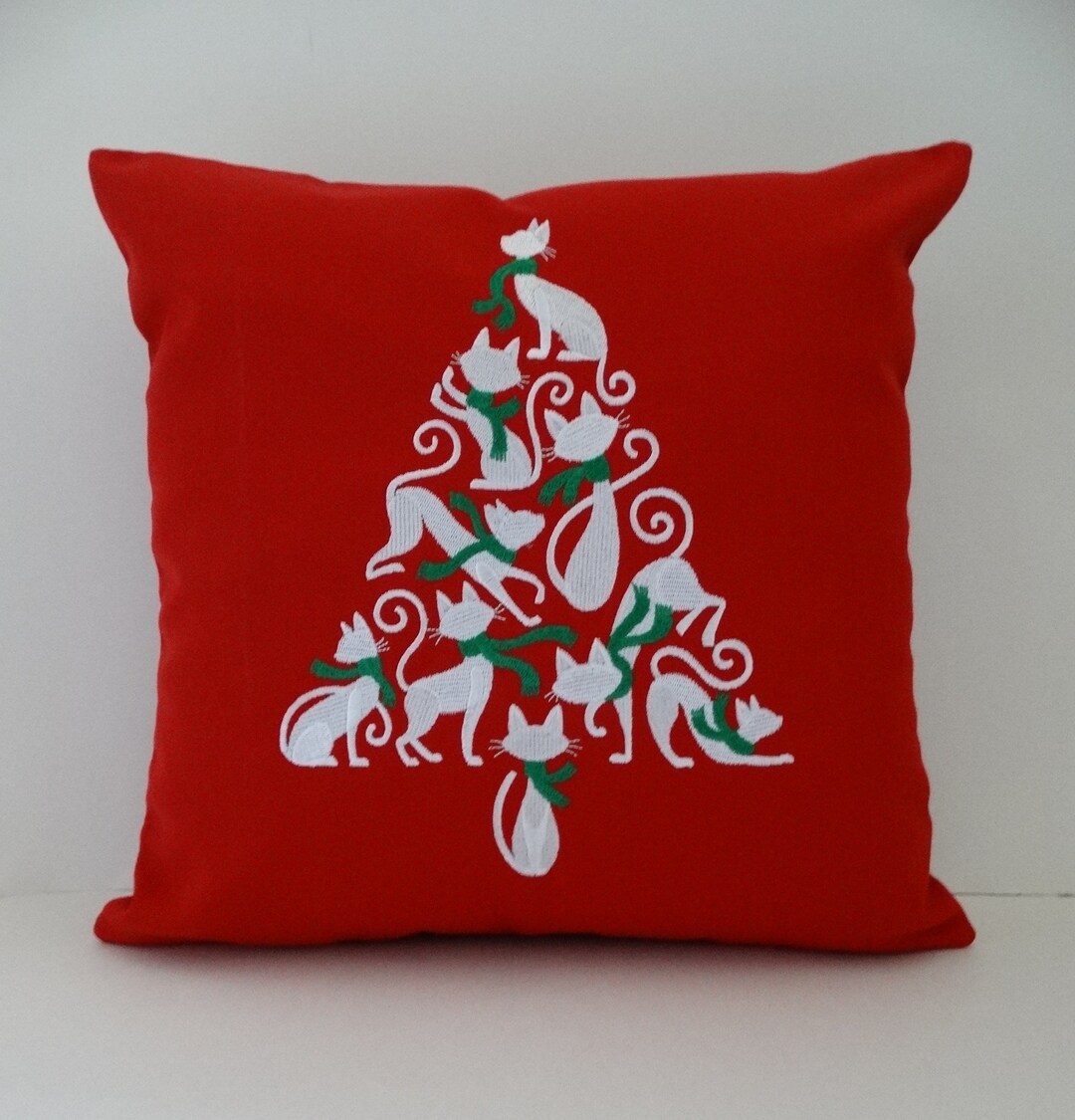 Christmas Cats Pillow Cover Sunbrella Indoor Outdoor Embroidered Cat