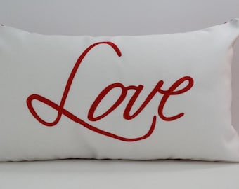 Embroidered 'Love' Pillow Cover: Sunbrella Valentine's Day Decor (12x20)