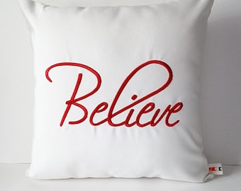 Embroidered 'Believe' Christmas Pillow Cover: Sunbrella Indoor/Outdoor Holiday Decor
