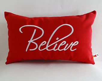 Embroidered 'Believe' Christmas Pillow Cover: Sunbrella Red Holiday Decor