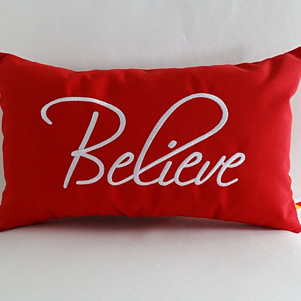 BELIEVE custom embroidered Christmas pillow cover Sunbrella jockey red 12' x 20" indoor outdoor holiday decor Oba Canvas Co