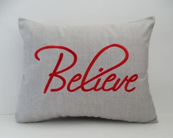 Embroidered Christmas Pillow Cover: 'Believe' Holiday Decor (14x18)