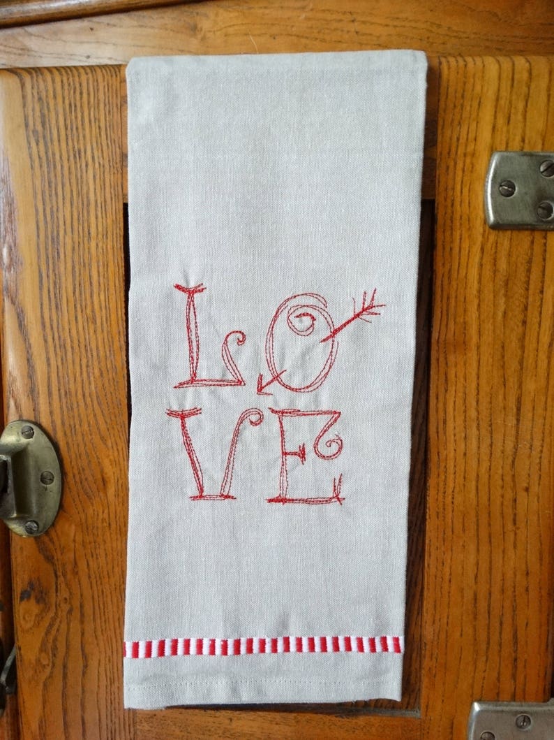 Kitchen Towel Valentines Towel Love Towel Valentines Decor Valentine Gift Under 20 Hostess Gift Embroidered Towel Love image 1