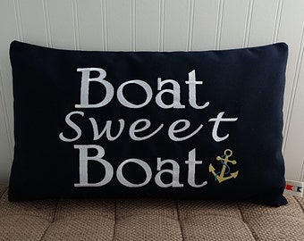 Sunbrella Navy Lumbar Pillow Cover: Boat Sweet Boat Nautical Decor