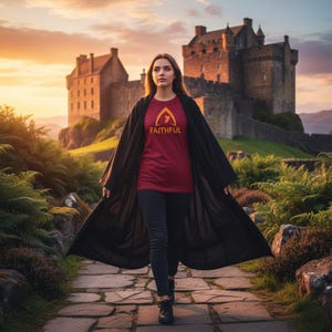 May include: A person wearing a burgundy t-shirt with the word "FAITHFUL" and a gold graphic, black trousers, and a long black coat, walking on a stone path. A castle is in the background with a sunset.