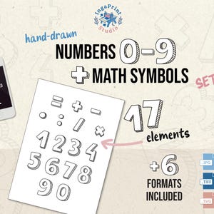 May include: A digital download set featuring hand-drawn numbers 0-9 and math symbols. The set includes 17 elements and is available in 6 formats. A smartphone displays a digital download icon.