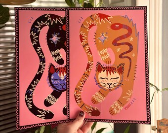 Funky Cat Art Print, Colorful Illustration