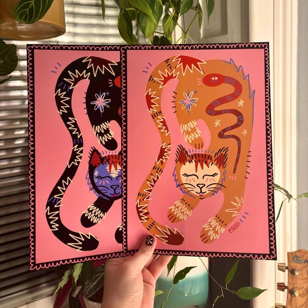 Funky Cat Art Print, Colorful Illustration