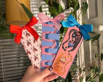 Hand-Stitched Illustrated Bookmarks with Ribbon Bows – Double-Sided Bookmarks.