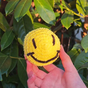 Peut inclure: Une boule jaune en peluche avec un visage souriant, des yeux brodés noirs et une bouche incurvée. La balle ronde et texturée est tenue devant un fond de feuilles vertes.