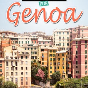 Può includere: Copertina di una guida turistica con il titolo "The Ultimate Travel Guide for Genoa" in lettere arancioni e bianche. Lo sfondo mostra un paesaggio urbano di edifici colorati. La parte inferiore della copertina elenca "Attractions, Day Trips, Food, More."