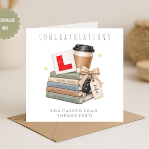 May include: A square greeting card featuring a stack of books titled Road Signs, Driving Theory, Hazard Perception, Practice Questions, and The Highway Code. It includes a red L-plate, a coffee cup, a car key with a tag reading Katie, and text.