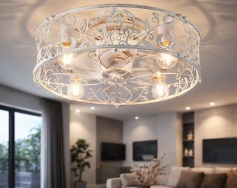 Ventilador de techo con luz y jaula de oro blanco: Montaje empotrado de 20 pulgadas, estilo industrial moderno de granja.