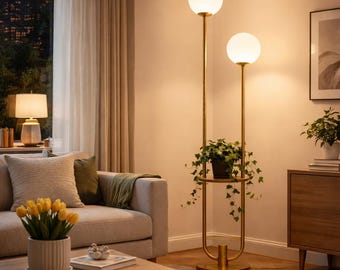 Lámpara de pie moderna color oro, estructura en forma de U, pantallas de vidrio esmerilado, 160 cm de altura.