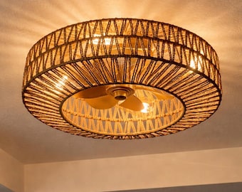 Boho Rattan Deckenfächer Licht mit Fernbedienung - Küsten gewebtes Design