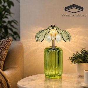 Green Floral Glass Table Lamp: Cordless Battery Operated Ambient Light (Timer Included)