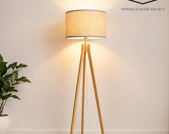 Lampadaire trépied nordique en bois massif, abat-jour en lin naturel, ampoule LED E26 incluse