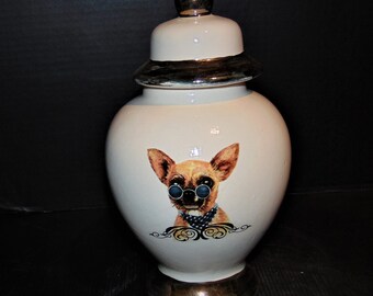 Chihuahua Ceramic Cookie  Jar Accented in Gold.