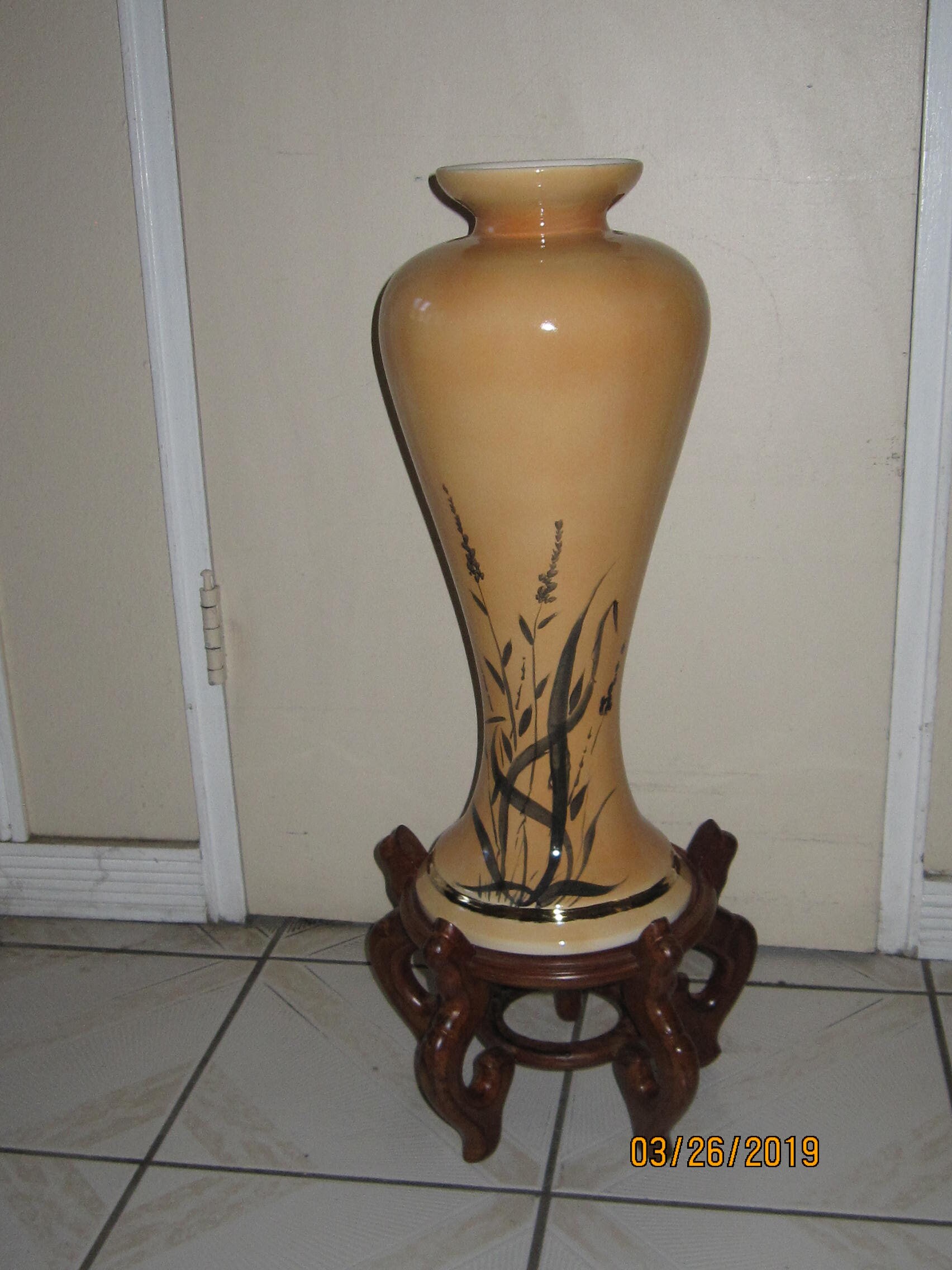Oriental Hand Painted Vase with Wood Stand.